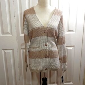Alfani Sugar Rush Tan Cream Sweater Stripes Pocket NWT Size Large